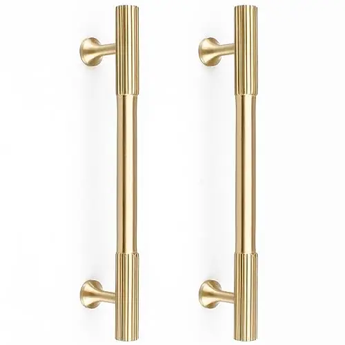 RZDEAL 4pcs Solid Brass Gold Cabinet Pulls, 5-Inch Hole Centers for Kitchen Cupboard Handles Modern Drawer Pulls Bathroom Brushed Brass Cabinet Pulls Wardrobe Door Handles